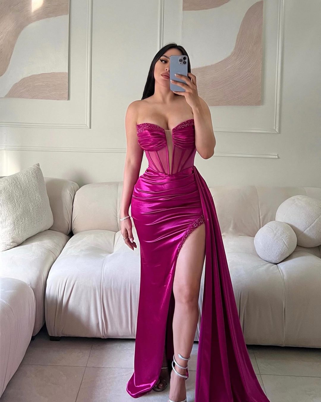 Miabel Deep Purple Strapless Pleats Evening Dress With High Split