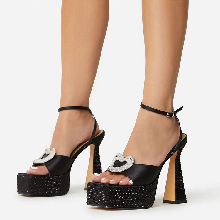 Elegant Black Platform Sandals Square Toe Rhinestones Heel Party Shoes |FSJ Shoes