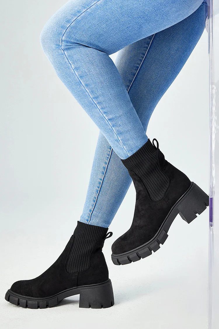 Plus Size Sock Patchwork Thick Heel Martin Boots