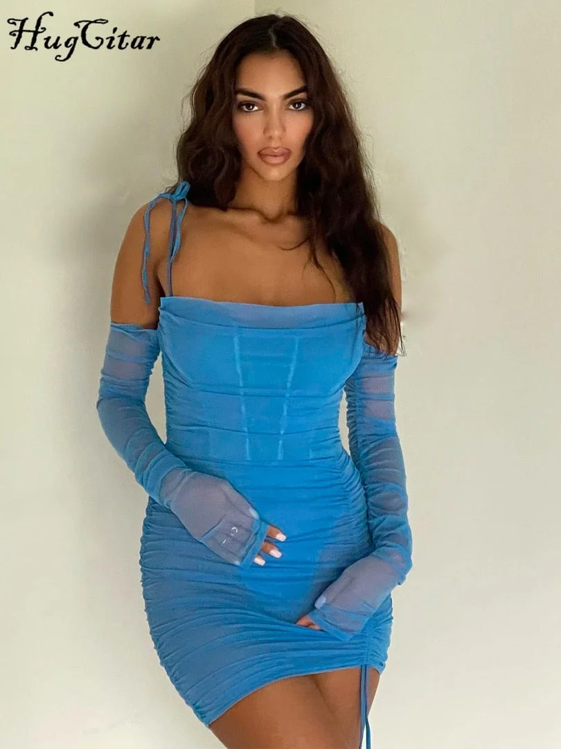 Hugcitar Solid Mesh Halter Long Sleeve Pleated Sexy Mini Dress