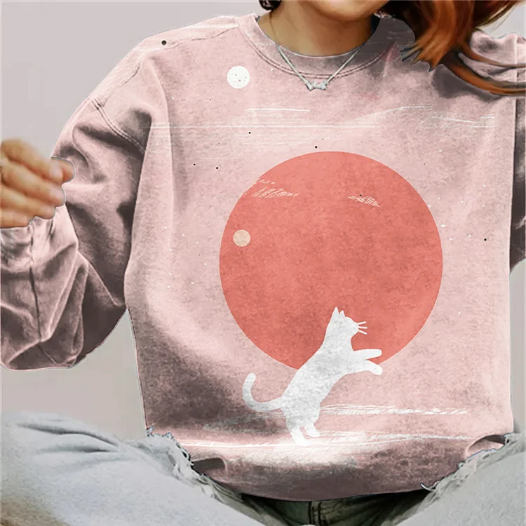 Comstylish Abstract Creative Cute Cat Jumping Painting Art Print Sweatshirt