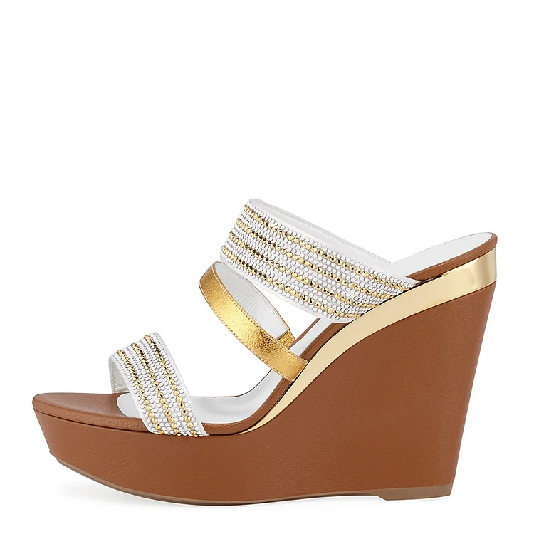 White and Gold Rhinestone Platform Mule Wedge Sandals Vdcoo