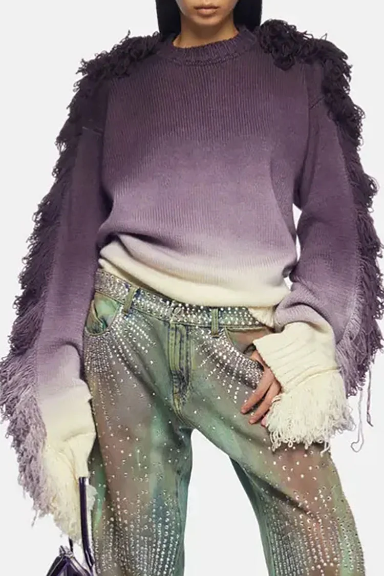 Knit Gradient Color Round Neck Fringed Long Sleeve Sweater-Purple