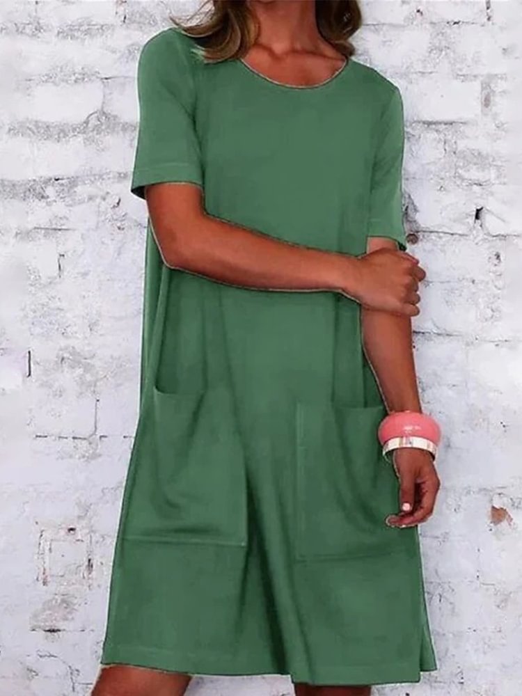 Short-Sleeve Casual Mini Dress With Pockets