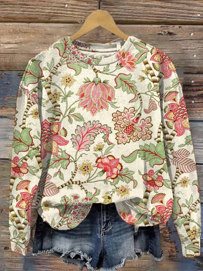Women's Floristic Flower Art Pattern Print Crew Neck Sweatshirt