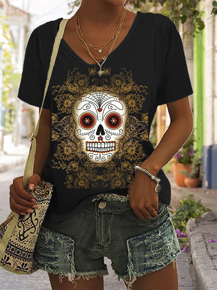 Vintage Sugar Skull Art Print Comfy T Shirt
