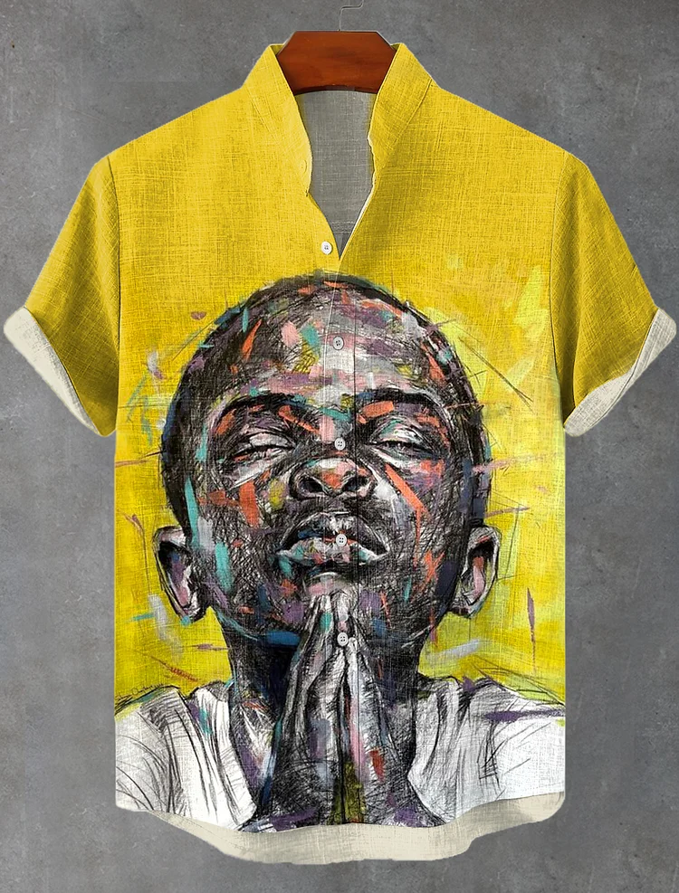 Men's Black Kids Peace Prayer Art Print Short Sleeve Linen Blend Shirt