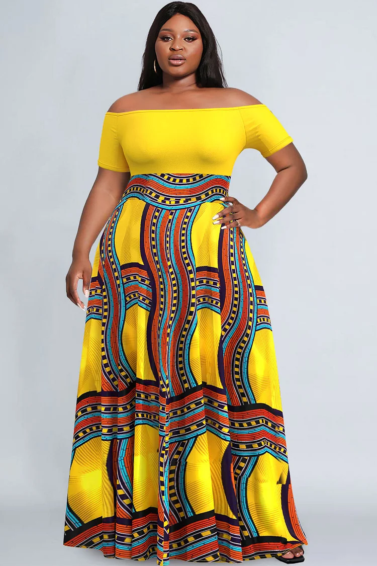 Xpluswear Design Plus Size Yellow Ankara Off Shoulder Maxi Dresses 