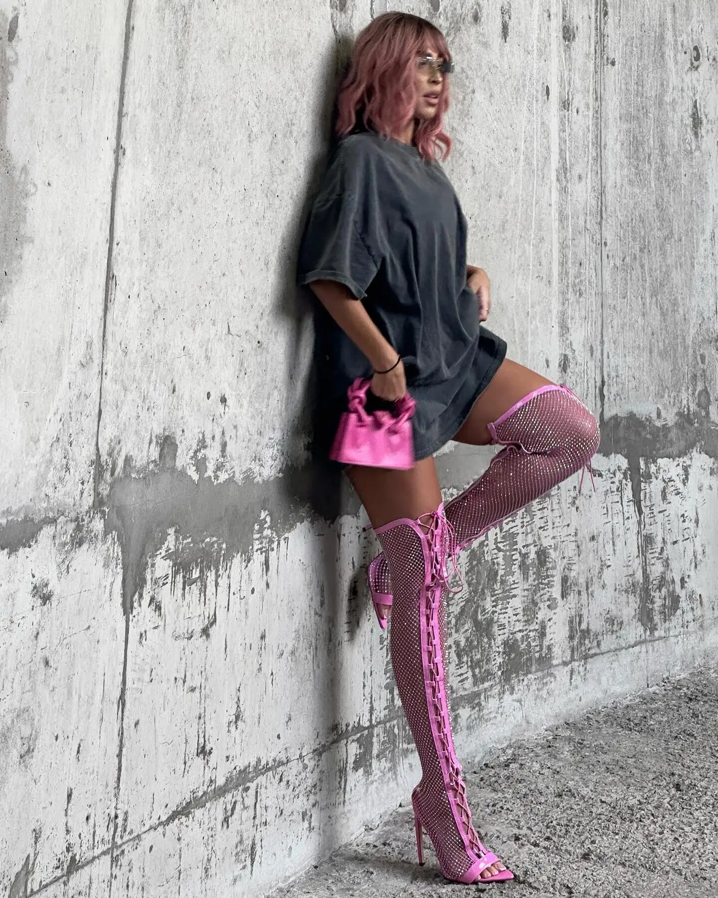 VCSHOES Women Pink Crystal Mesh Thigh High Boots Pu Rhinestone-Embellished Stilettos Boots Blingbling Nightclub Shoes Botas De Muje