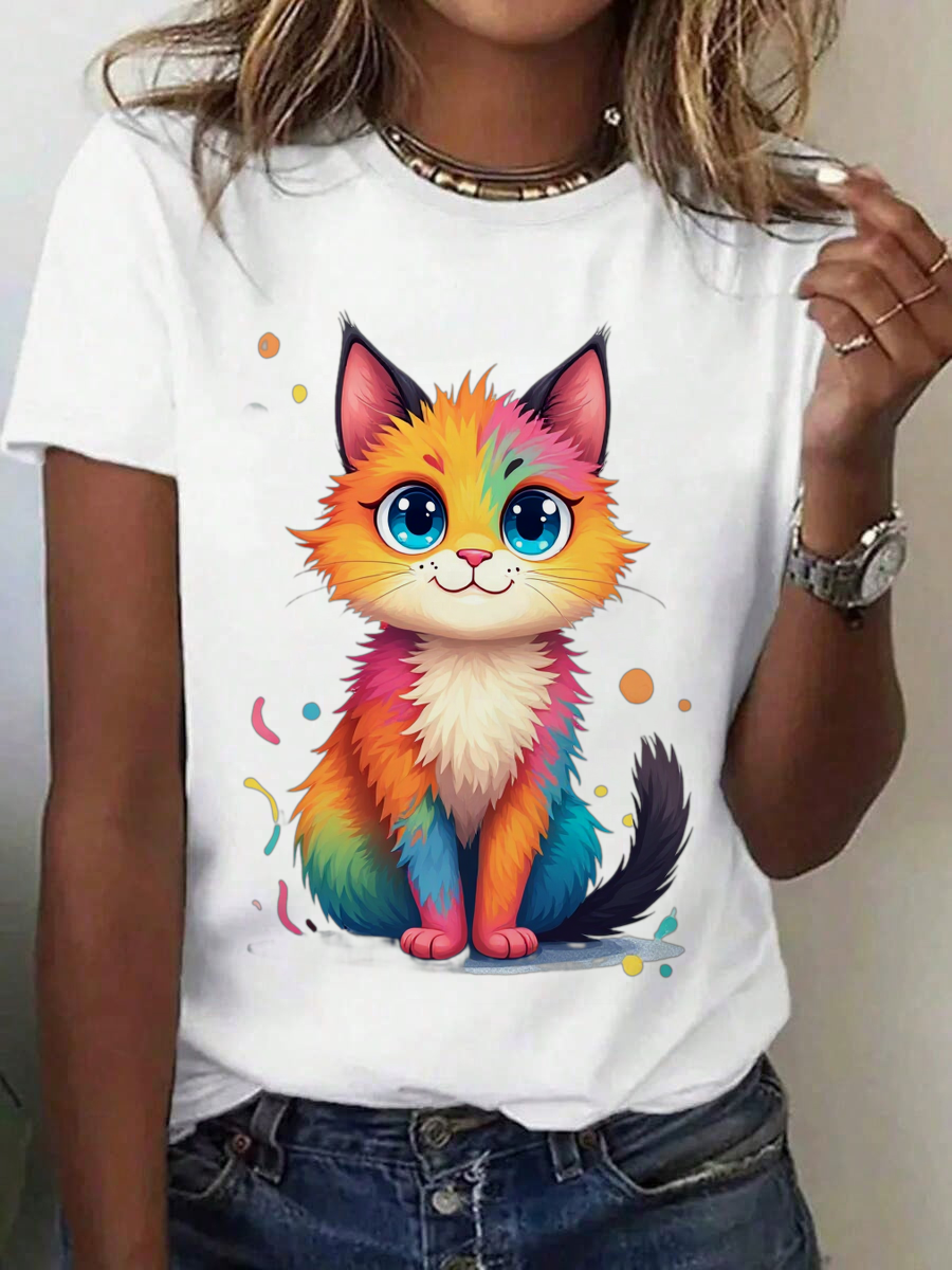 Colorful Cat Print T-Shirt Women Casual Short Sleeve Tops | 168DEAL