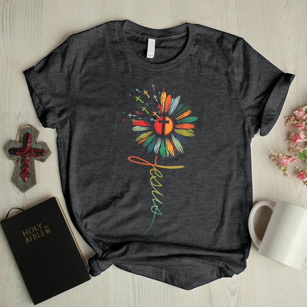 Color flower cross basic graphic tees