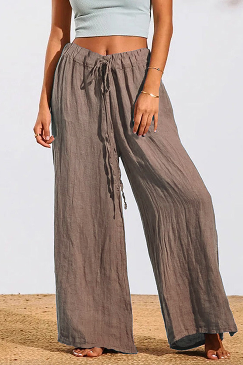 Casual Solid Patchwork Loose Mid Waist Wide Leg Solid Color Linen Pant Bottoms(5 colors)