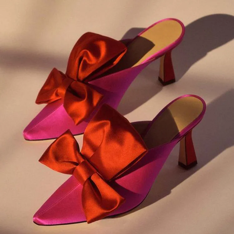Fuchsia and Red Satin Pointed Toe Mule Heels with Bow |FSJ Shoes