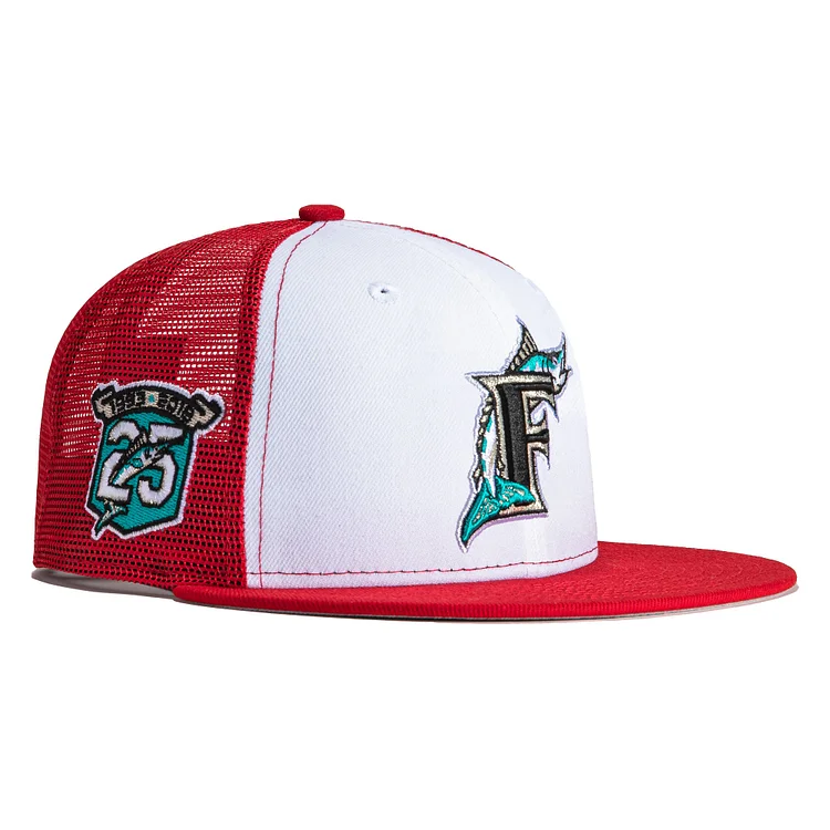 New Era 59Fifty Miami Marlins 25th Anniversary Patch Trucker Rail Hat - White, Red QueenFunky