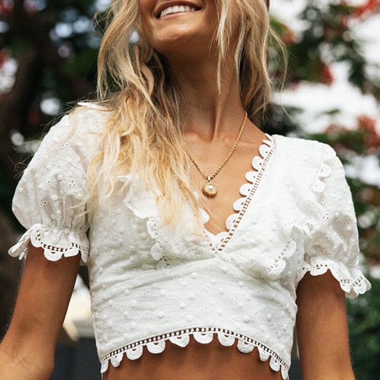 Lace Top Casual Sweet Embroidered Shirt Fashion High Waist Short Sleeve V-neck Puff Sleeve Elegant Women Bandage Blouses - BlackFridayBuys