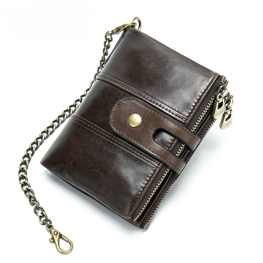 RFID Men's Genuine Leather Chain Zipper Wallet Card ID Holder Bifold Wallet | ARKGET