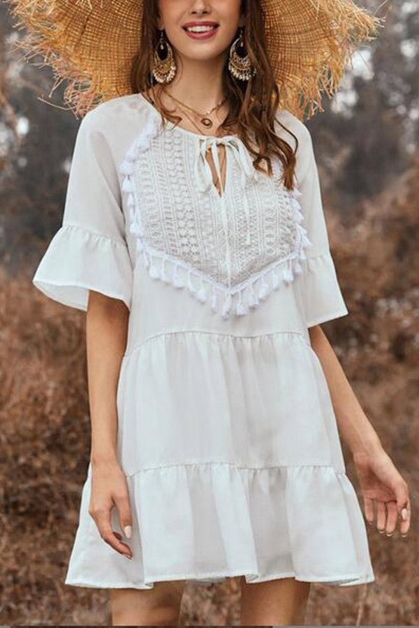 White Ruffle Trim Tasseled A-line Dress - Chicaggo