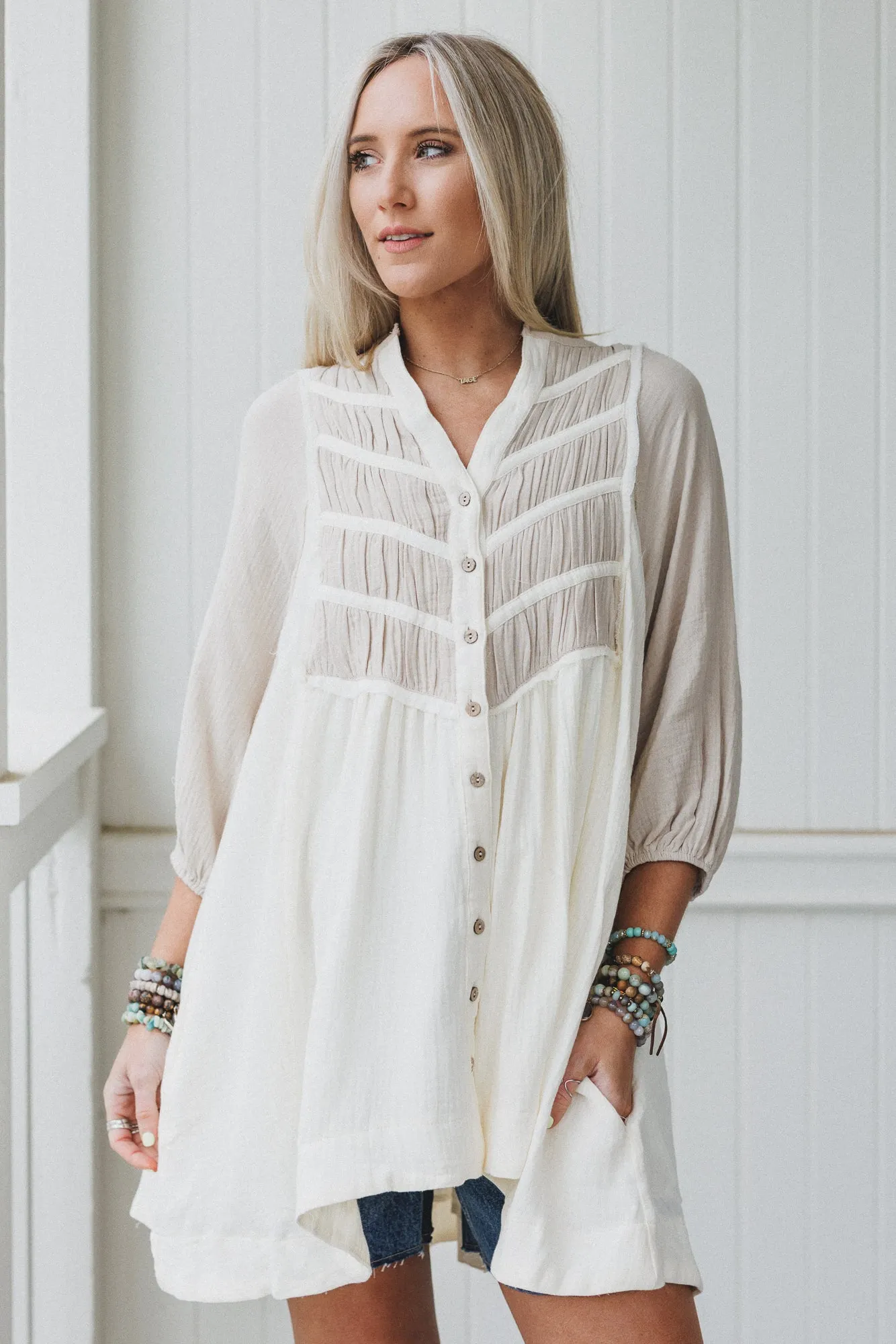 Divided Lines Button Down Tunic - Cream