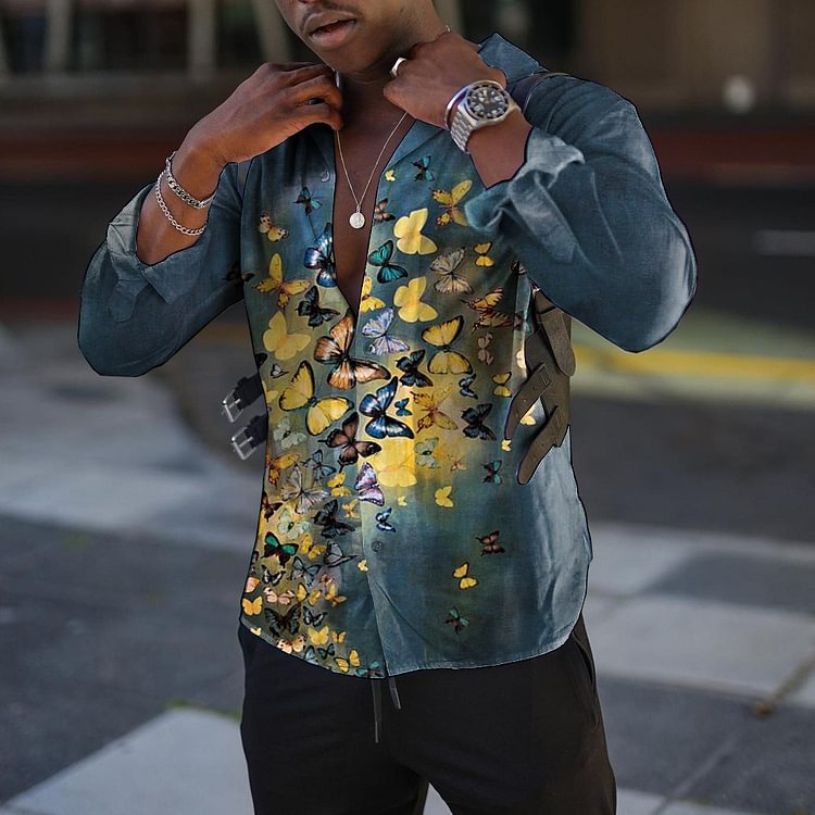 Men's Lapel Casual Butterfly Print Shirt