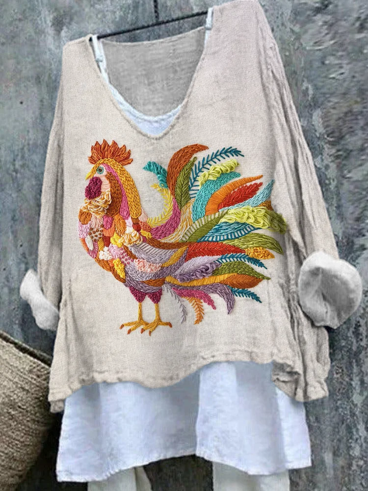 Comstylish Colorful Chicken Embroidery Pattern Linen Loose Top