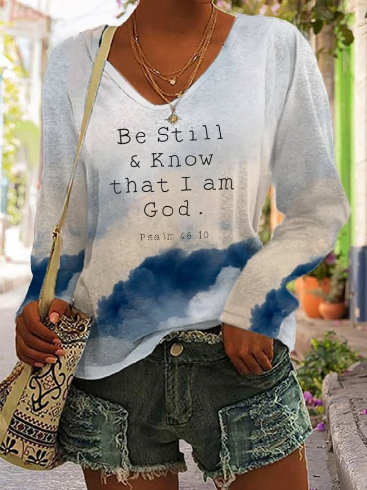 Vefave Be Still Konw That I Am God Print V Neck T Shirt