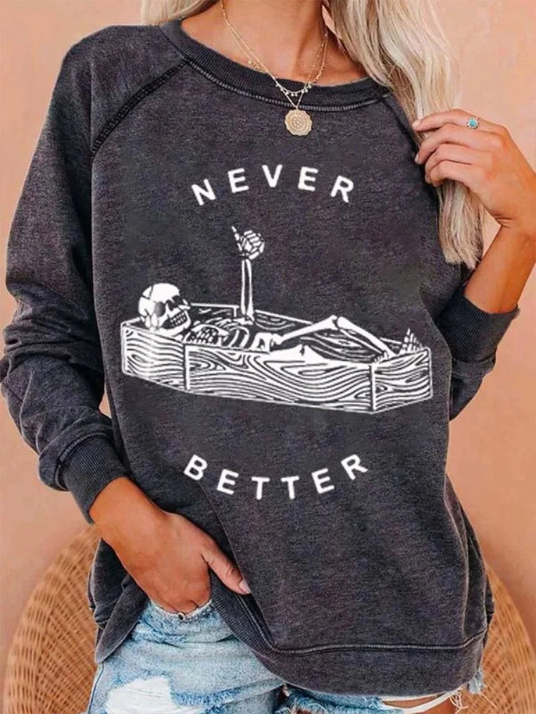 Vefave Halloween Coffin Skull Print Long Sleeve Crew Neck Sweatshirt