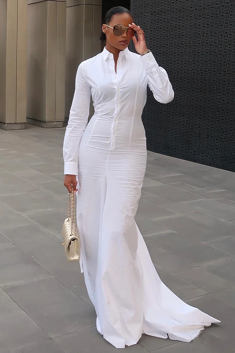 Button Turndown Collar Bodycon Fishtail White Blouse Gowns Maxi Dresses