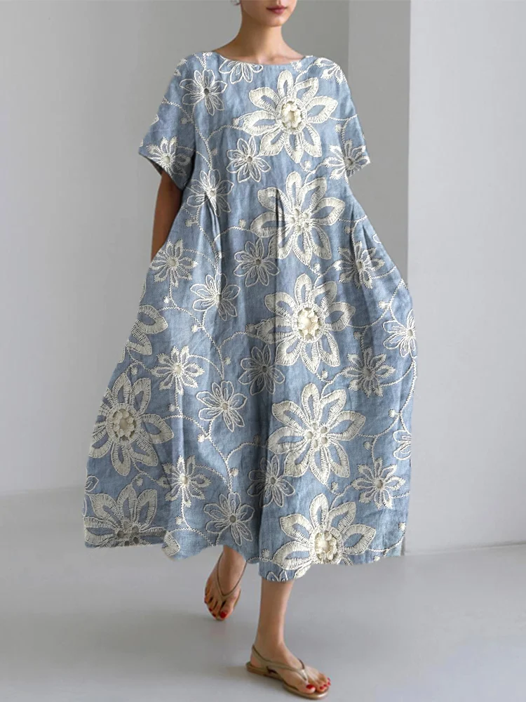 Comstylish Lace Floral Splicing Design Linen Dress
