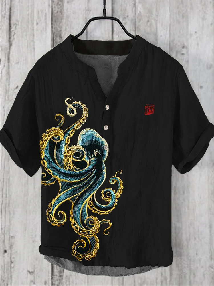 Comstylish Octopus Embroidered Japanese Linen V-Neck Shirt