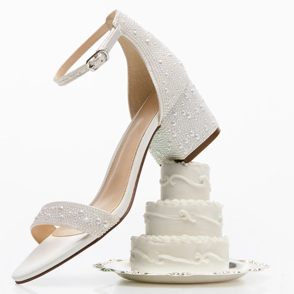 Ivory Satin Wedding Heels Open Toe Ankle Strap Pearl Sandals Nicepairs