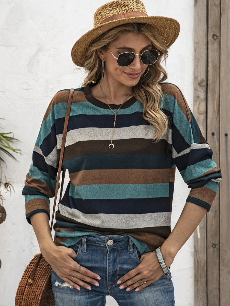 Women's Striped Printed Stitching V-Neck Long Sleeve Top
