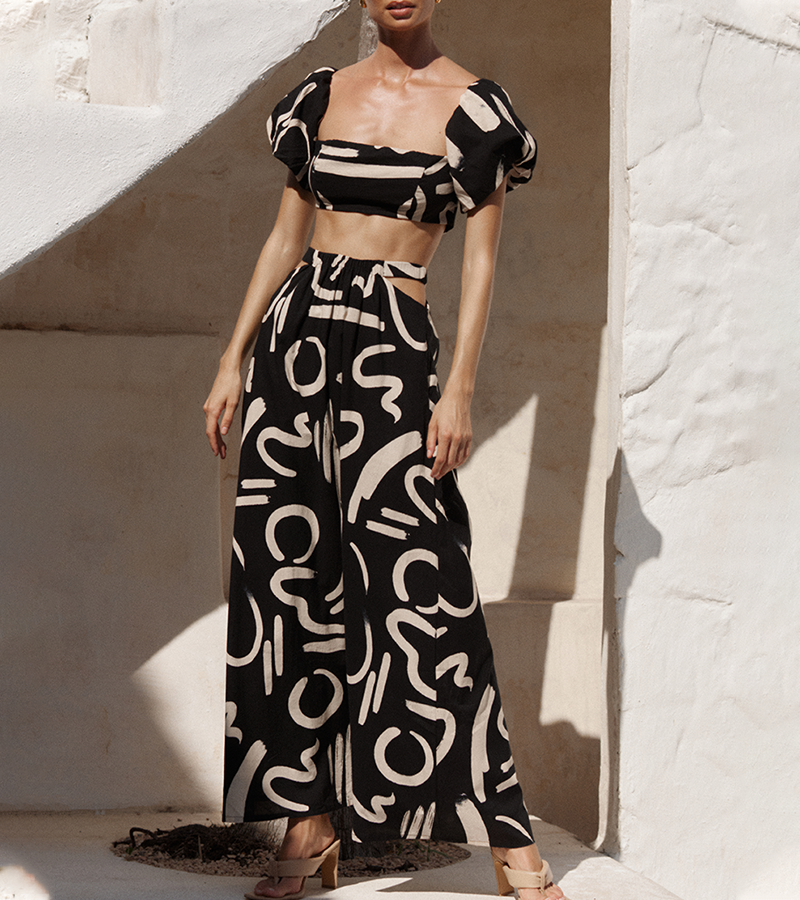 Rotimia Abstract Art Printed Puff Sleeves Crop Top Cutout Maxi Dress Set