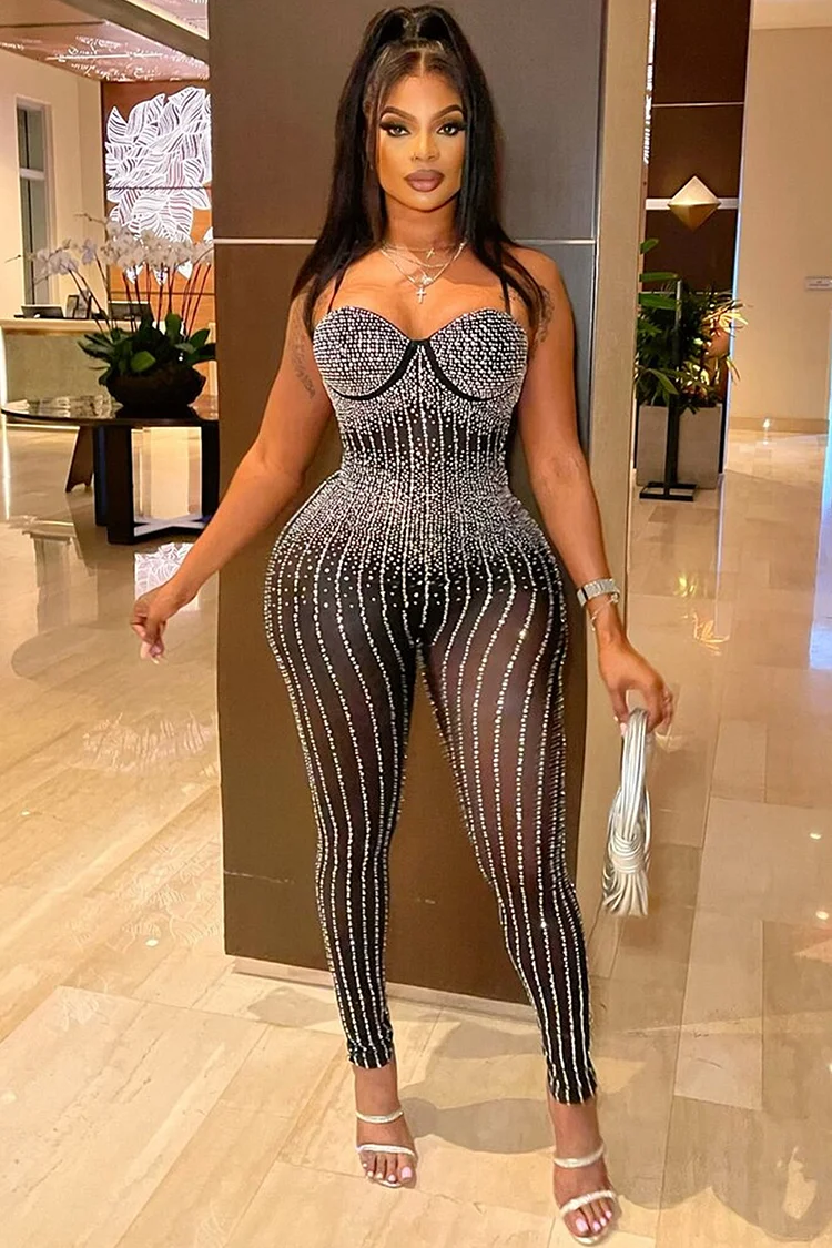 Mesh Rhinestone Cami Bodycon See Through Leggings Party Jumpsuit