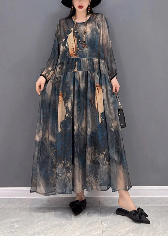 Top Quality O-Neck Print Tulle Patchwork Wrinkled Chiffon Dresses Long Sleeve