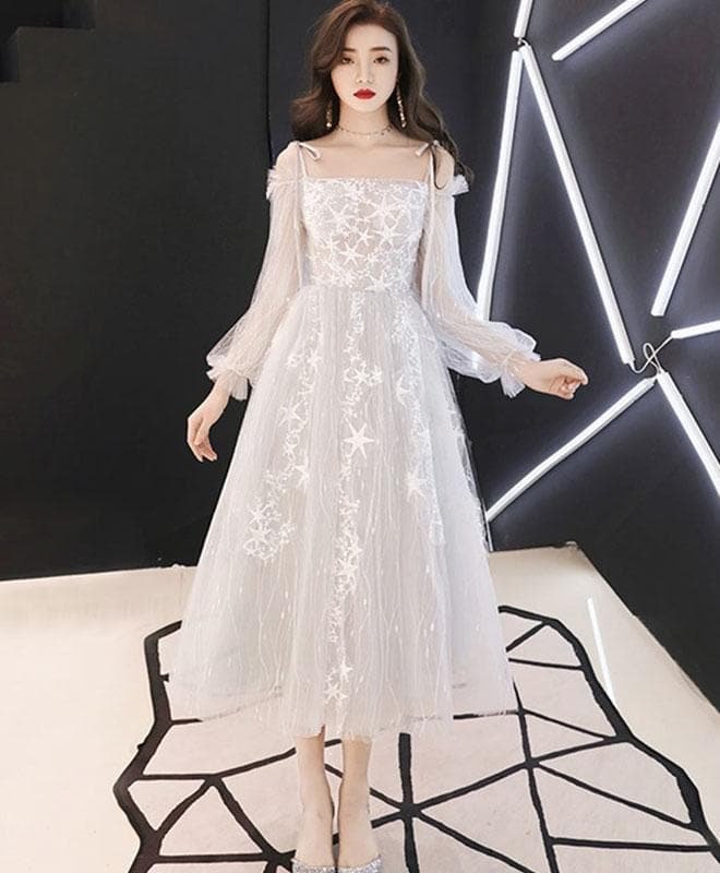 Gray White Tulle Lace Short Prom Dress, Tulle Bridesmaid Dress