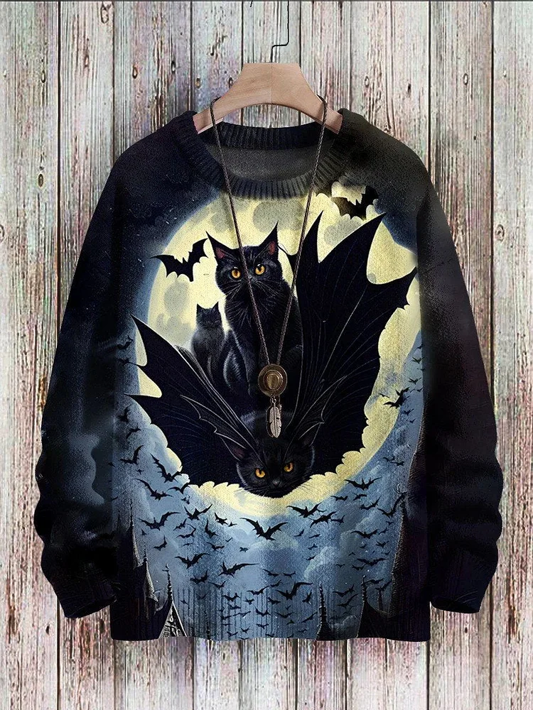 Men's Halloween Knitted Bat Cat Art Graphic Print Sweater