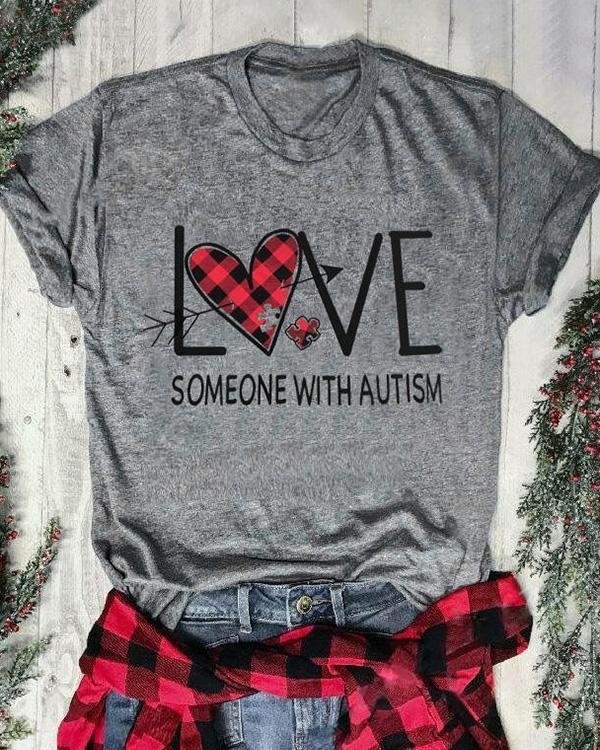 Plaid Printed Love Someone with Autism T-Shirt Tee - Chicaggo