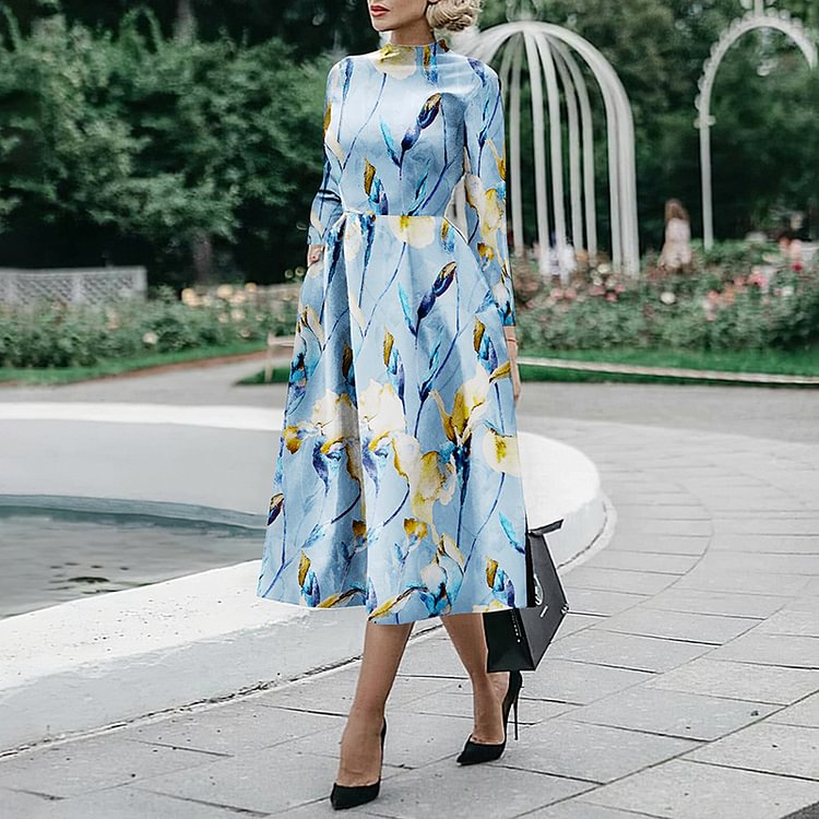 Floral Print Pocket Elegant Midi Dress