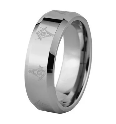 4MM 6MM 8MM 10MM Freemason Mens Women Masonic Tungsten Ring with Beveled Edge.Silver Tungsten Tone Laser Engraved Masonic band Rings.Comfort fit.