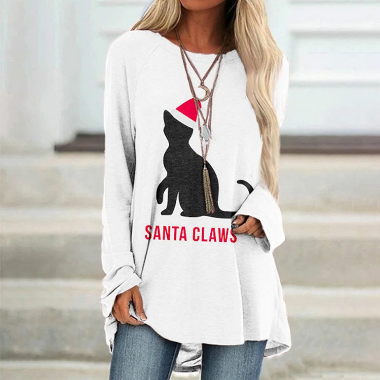 Vefave Christmas Cat Print Crew Neck Casual Tunic