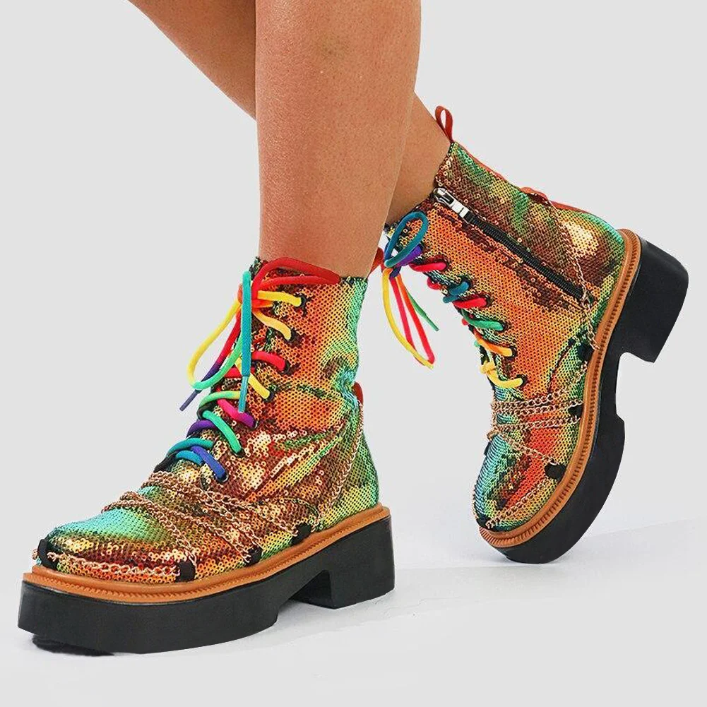 Multicolor Sequin Platform Booties Chain Decor Lace Up Ankle Boots Nicepairs