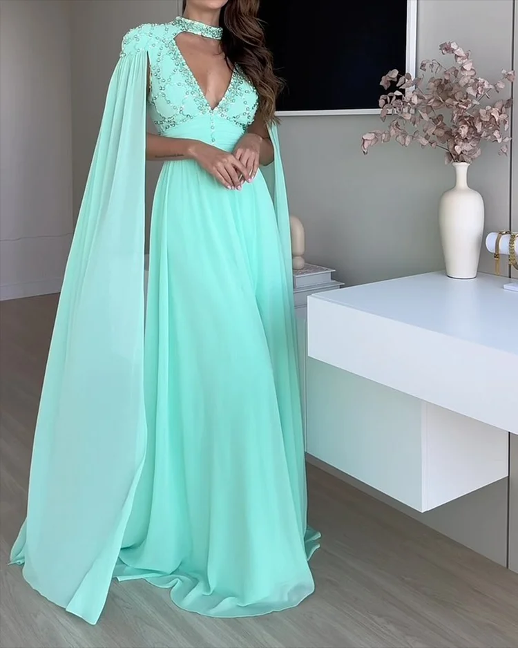 Women's Shawl V Neck Pearl Dress
