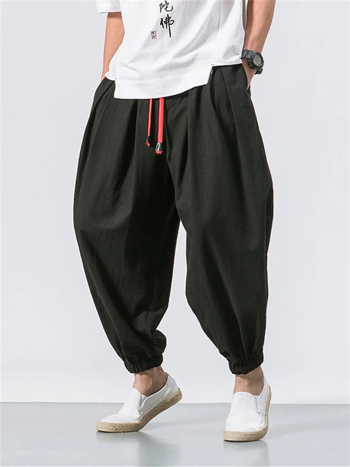 Harem Linen Pants for Men Plus Size Yoga Pants Premium Cotton Long Pants Casual Elastic Waist Drawstring Hippie Beach Pants Black-Cosfine