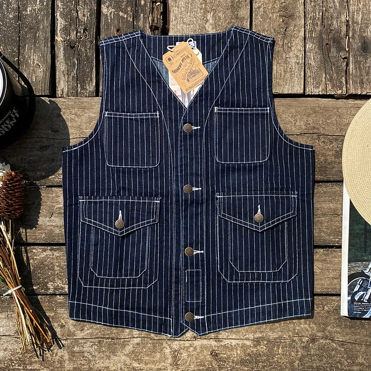 TIMSMEN Vintage Multi-pocket Striped Denim Vest