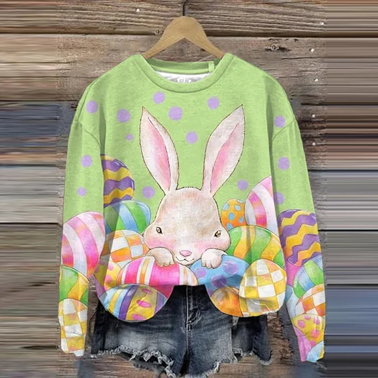 VChics Women's Easter Bunny Egg Print Round Neck Sweatshirt