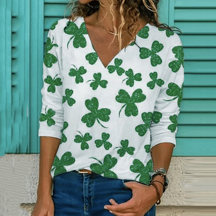 Shamrock Print V-Neck Casual T-Shirt