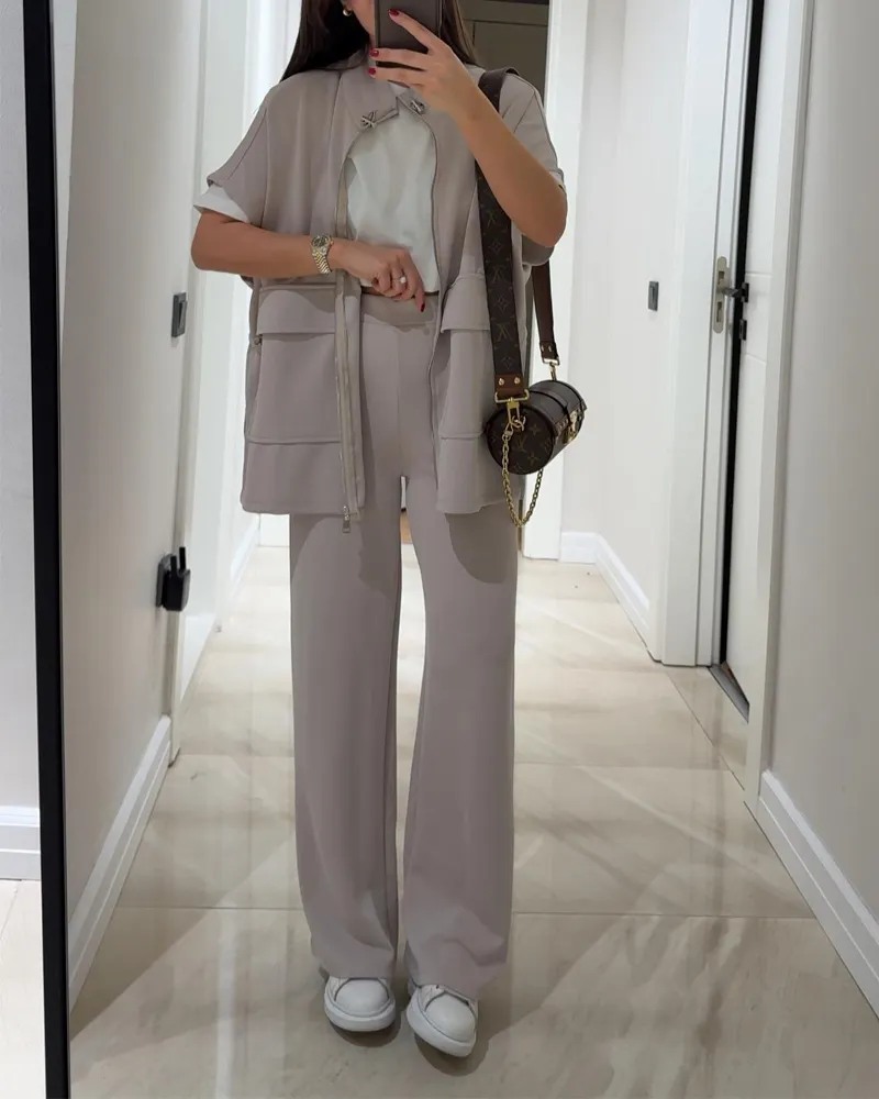 Casual Solid Drawstring Waist Pants & Plain Top Set