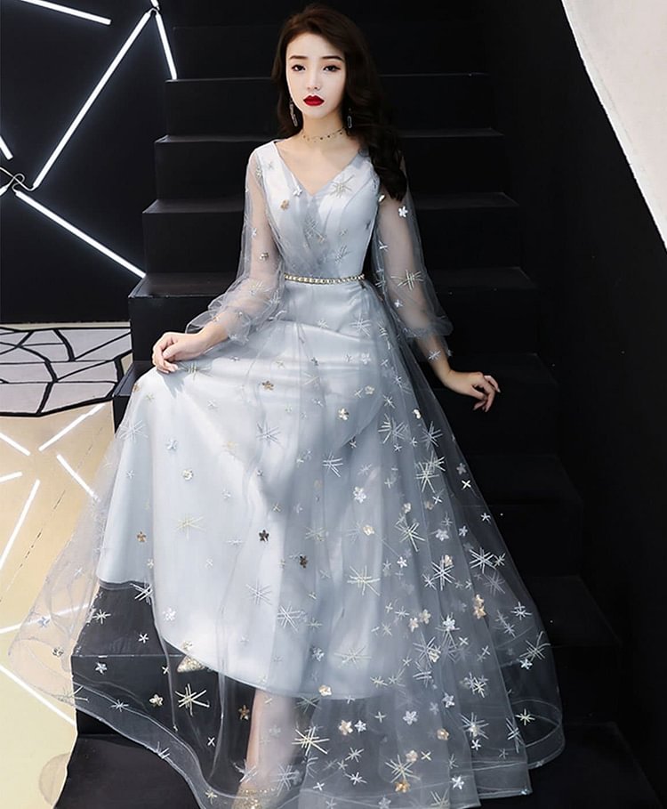 Gray V Neck Tulle Lace Long Prom Dress Tulle Evening Dress