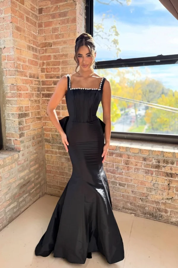 Black Square Neck Spaghetti Straps Sleeveless Long Mermaid Prom Dress With Beading | YC0287 Wellcucu