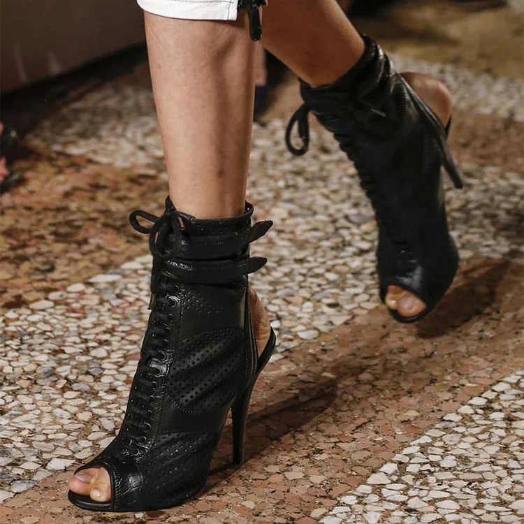Black Lace Up Peep Toe Slingback Stiletto Heel Fashion Ankle Boots |FSJ Shoes